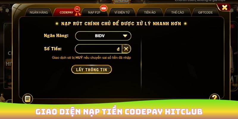 Giao diện nạp tiền Codepay HitClub